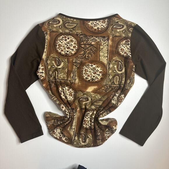 Vintage Y2K Brown Baroque Paisley Top M Indie Retro Long Sleeve Stretchy Boho - Picture 4 of 8